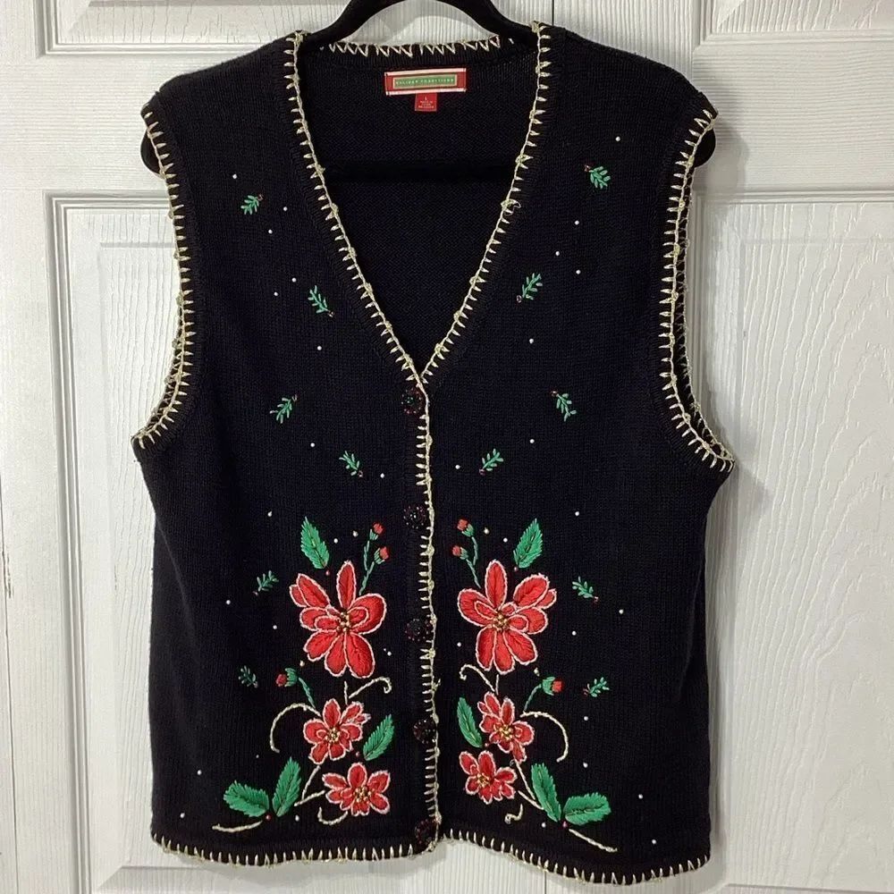 Christmas Holiday Vest Holiday Traditions Brand Poinsettia Design On Sweater L